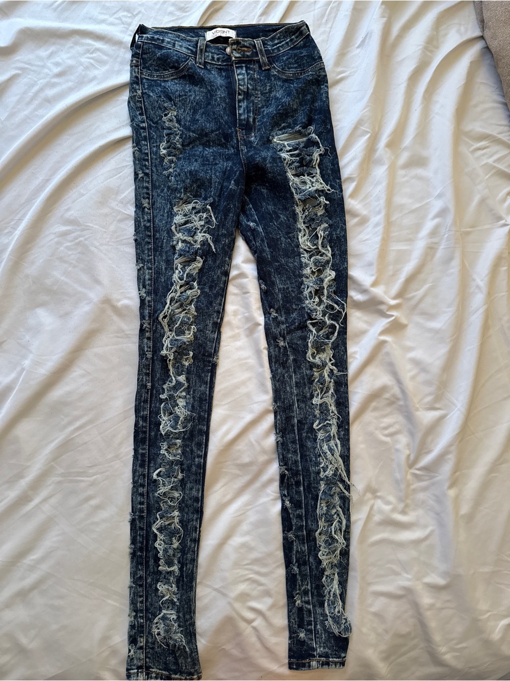 Distressed Acid-Wash Dark Blue Skinny Jeans